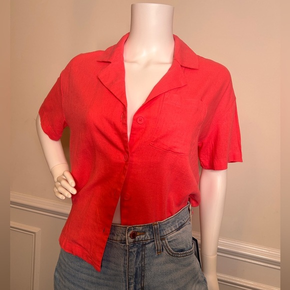 Women's Linen Short Sleeve Button Down Camp Shirt- A New Day, Pink - Picture 9 of 16